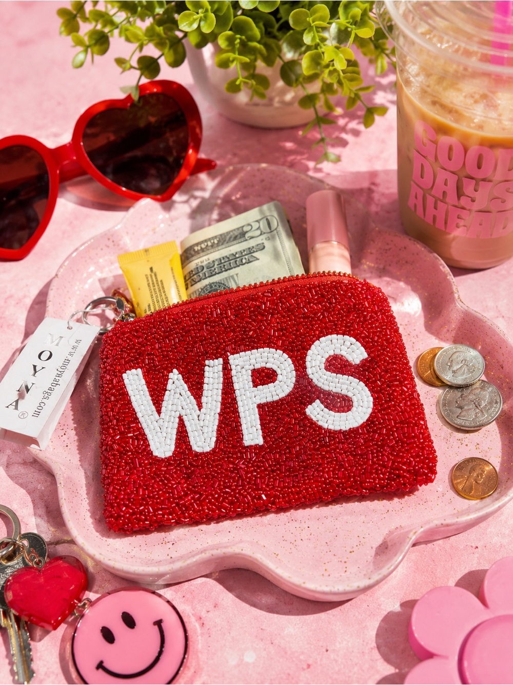 Moyna Hand-Beaded "WPS" Coin Purse Keyring Pouch NWT - Arkansas Razorbacks